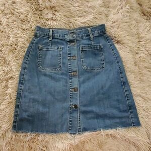 Hidden jeans button down distressed hem skirt